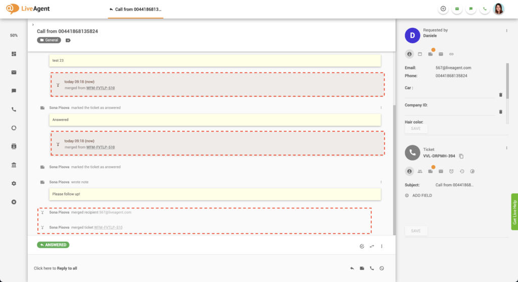Wątek scalonych biletów w LiveAgent