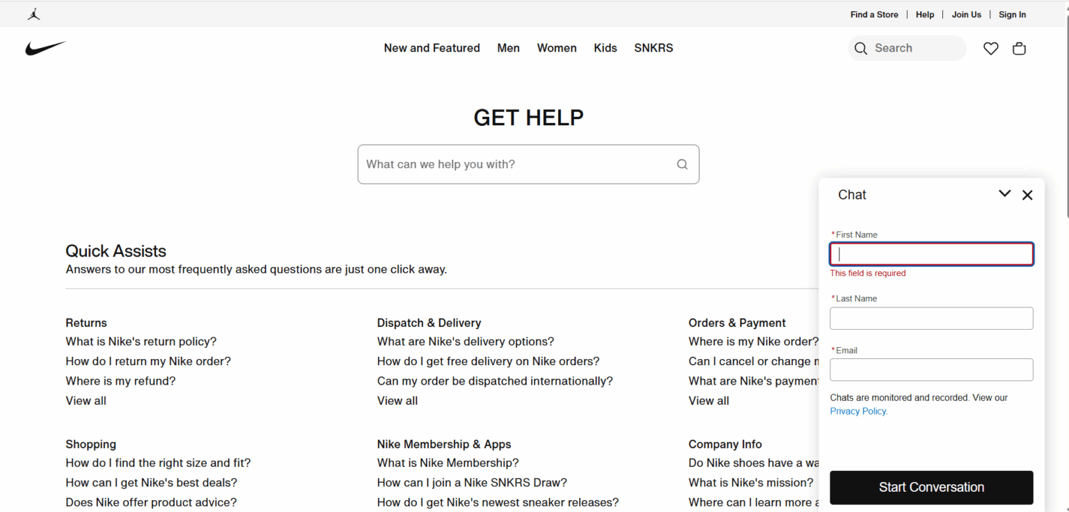Chatbot AI na stronie internetowej Nike