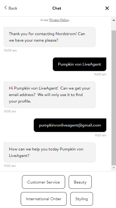 Funkcja chatbota Nordstrom