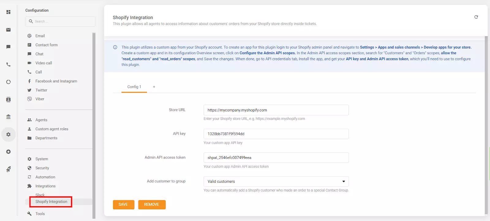 Umieszczenie klucza API i tokenu dostępu API w sekcji konfiguracji LiveAgent