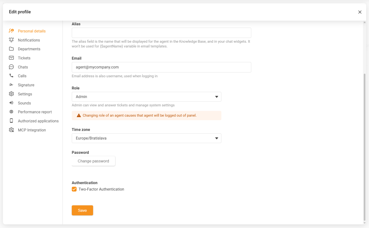 Ustawienia strefy czasowej profilu agenta LiveAgent
