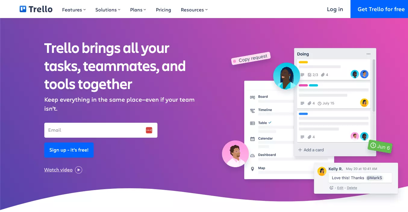 Strona główna Trello - utrzymuj swoją pracę zorganizowaną i śledź poszczególne zadania z jednej platformy.