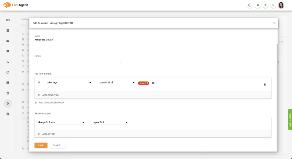 Tworzenie pilnej reguły SLA w LiveAgent
