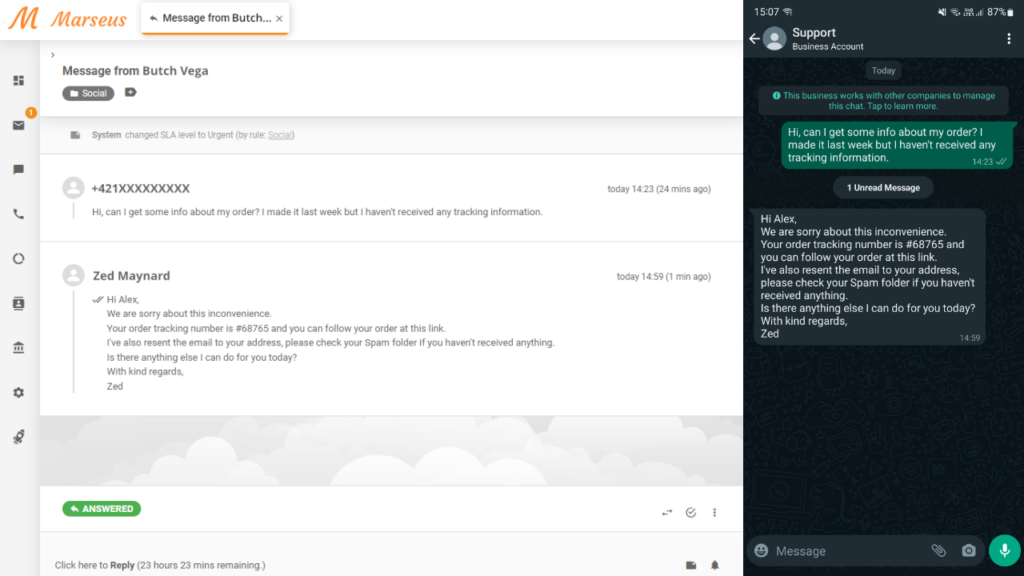 Wiadomość WhatsApp wyświetlana jako bilet w LiveAgent