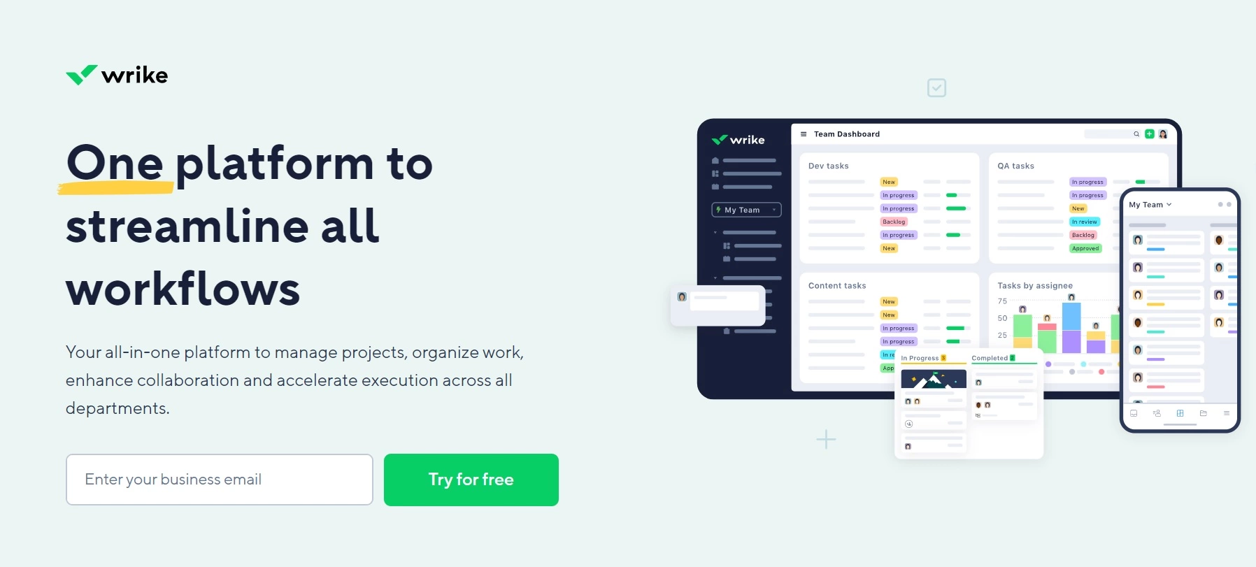 Strona główna Wrike - wszechstronna platforma do zarządzania projektami, organizacji pracy i zwiększania współpracy między działami.