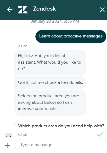 Obraz pokazuje, jak wygląda rozmowa czatu na żywo Zendesk