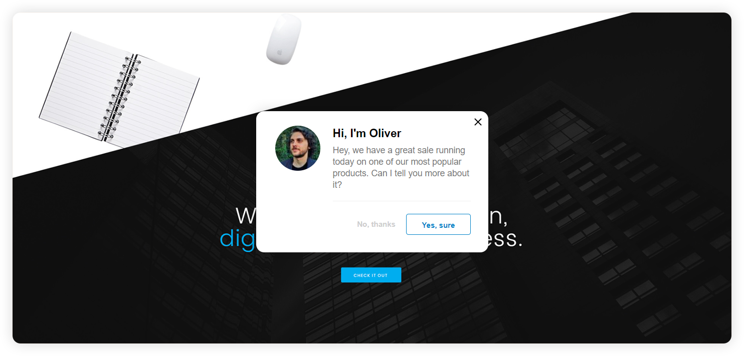 Przykład proaktywnego zaproszenia do czatu dla przedsiębiorstw