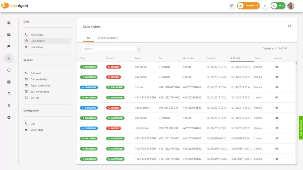 Przegląd interfejsu call center w LiveAgent.