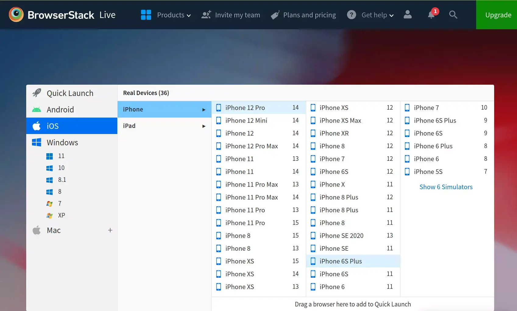 BrowserStack symuluje wiele platform mobilnych i wersji systemów operacyjnych