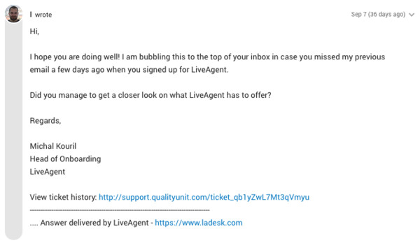 Pierwsza wiadomość po rozmowie