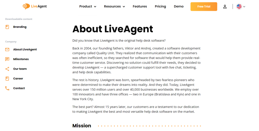 Strona O nas LiveAgent