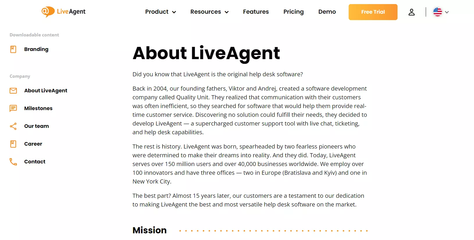 Strona O nas LiveAgent