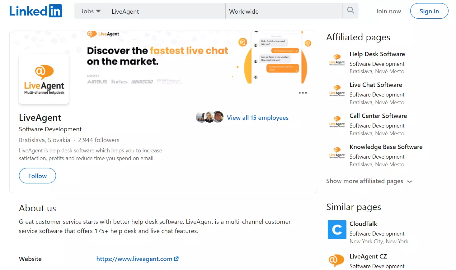 Strona LinkedIn LiveAgent