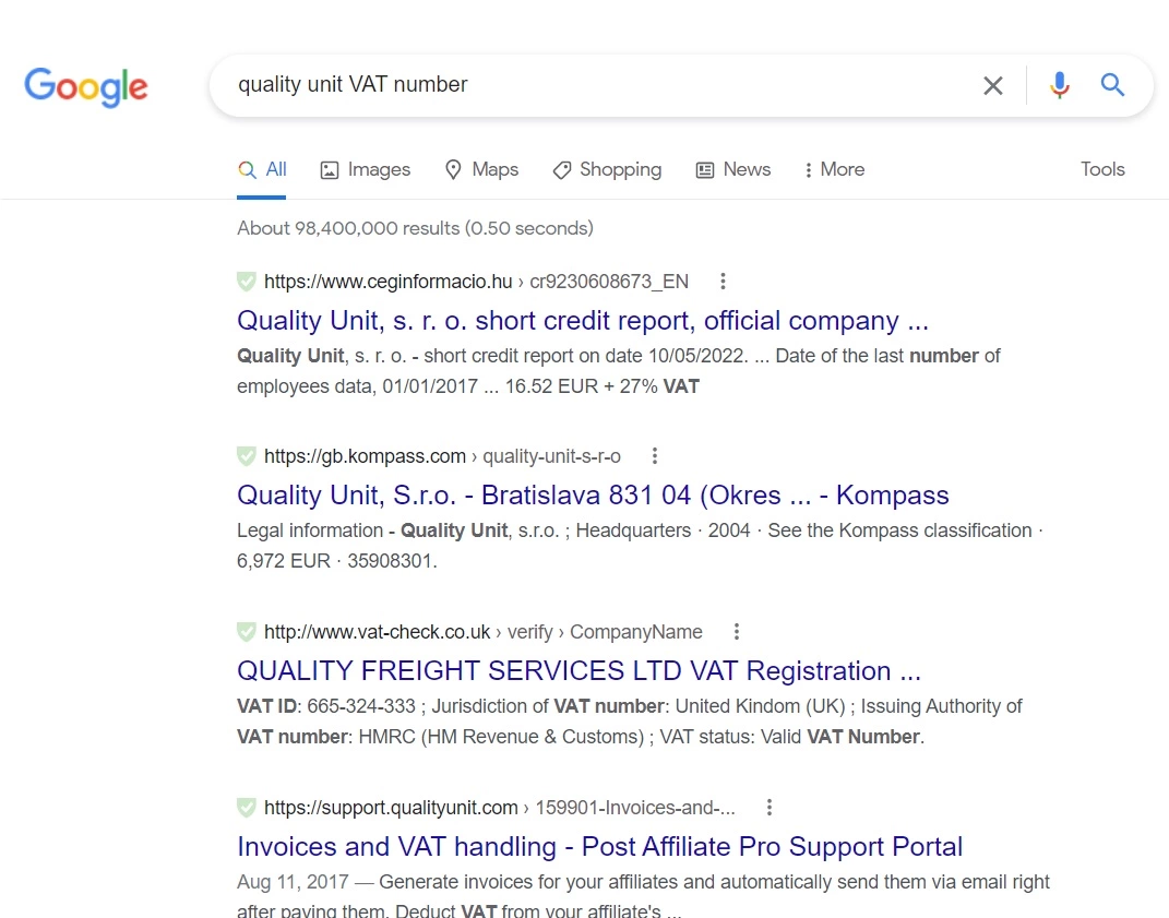 Wyniki wyszukiwania Google Quality Unit VAT