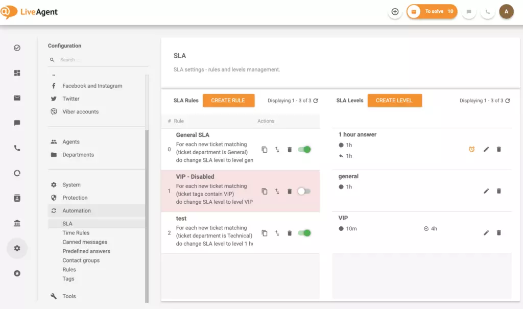 Ustawienia czasu SLA odpowiedzi i rozwiązania LiveAgent