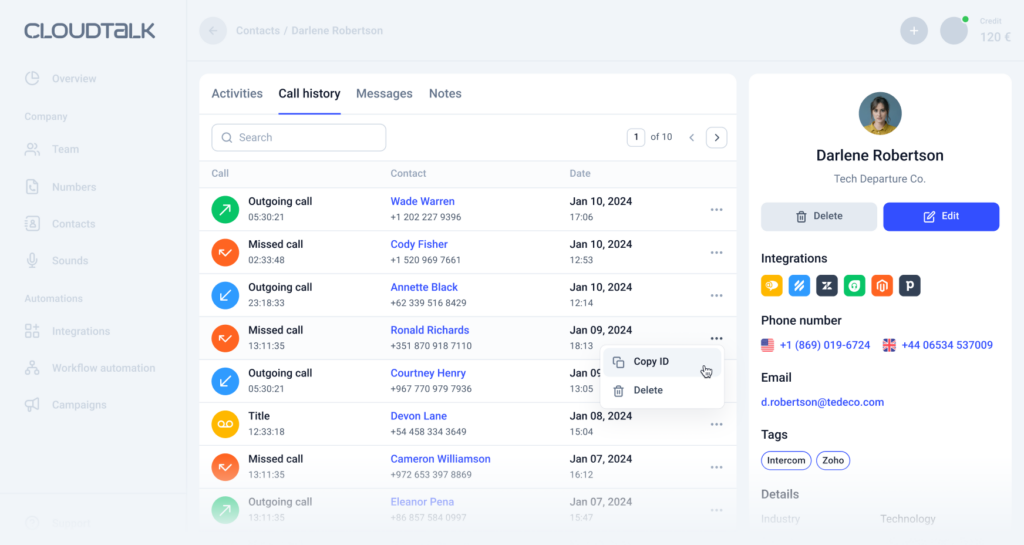 Interfejs użytkownika CloudTalk