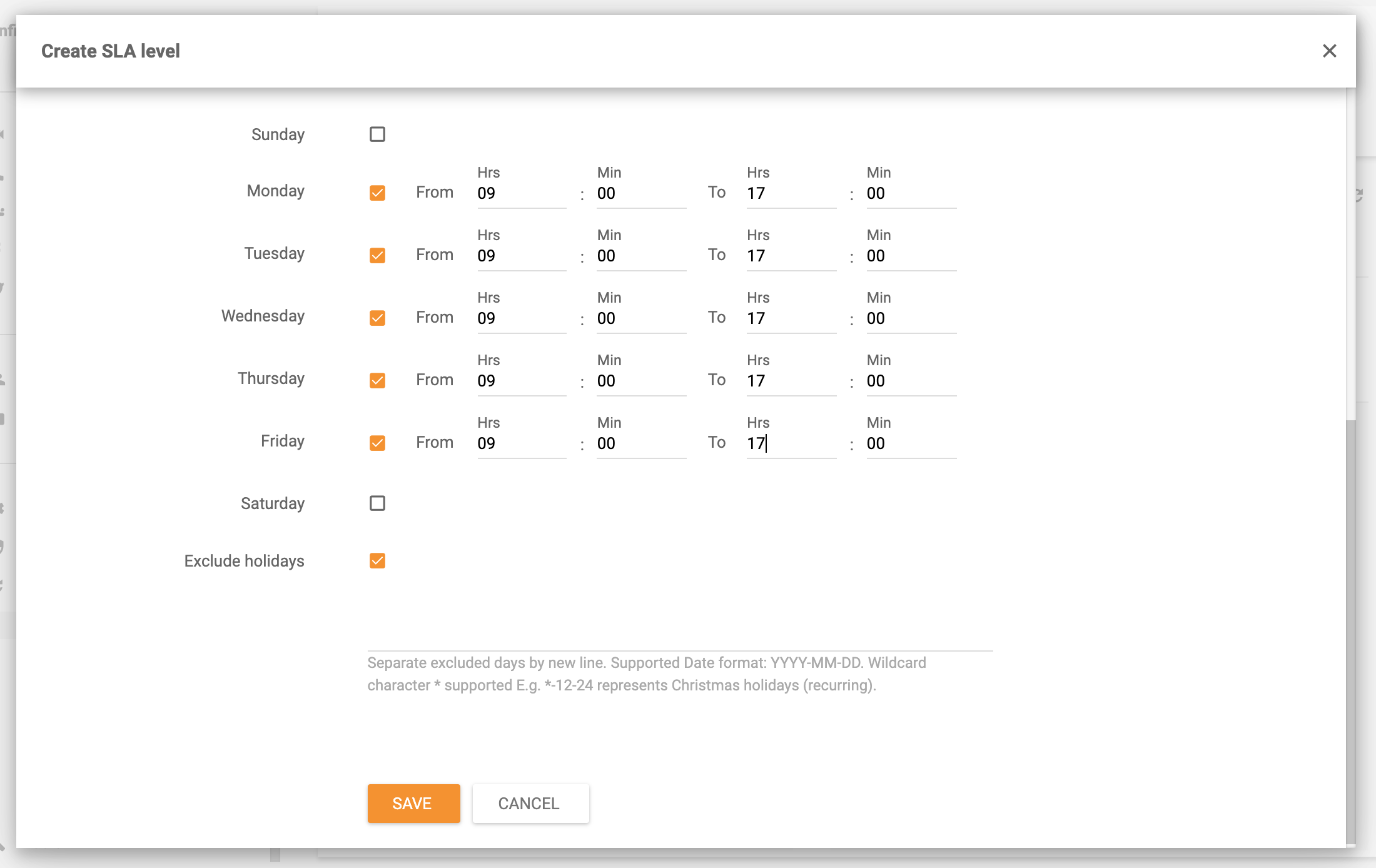 Przykład godzin biurowych LiveAgent