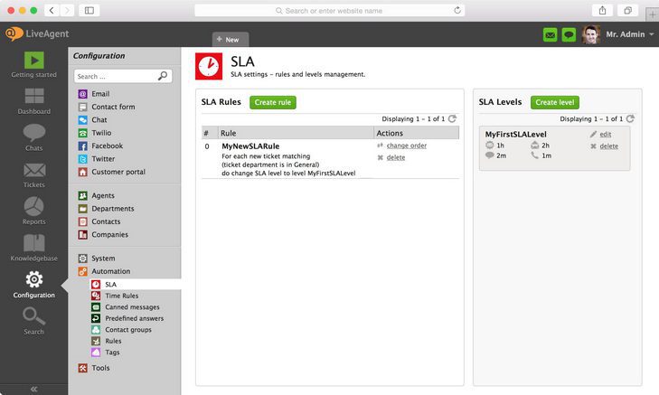 Obraz pokazuje, gdzie znaleźć ustawienia SLA w LiveAgent