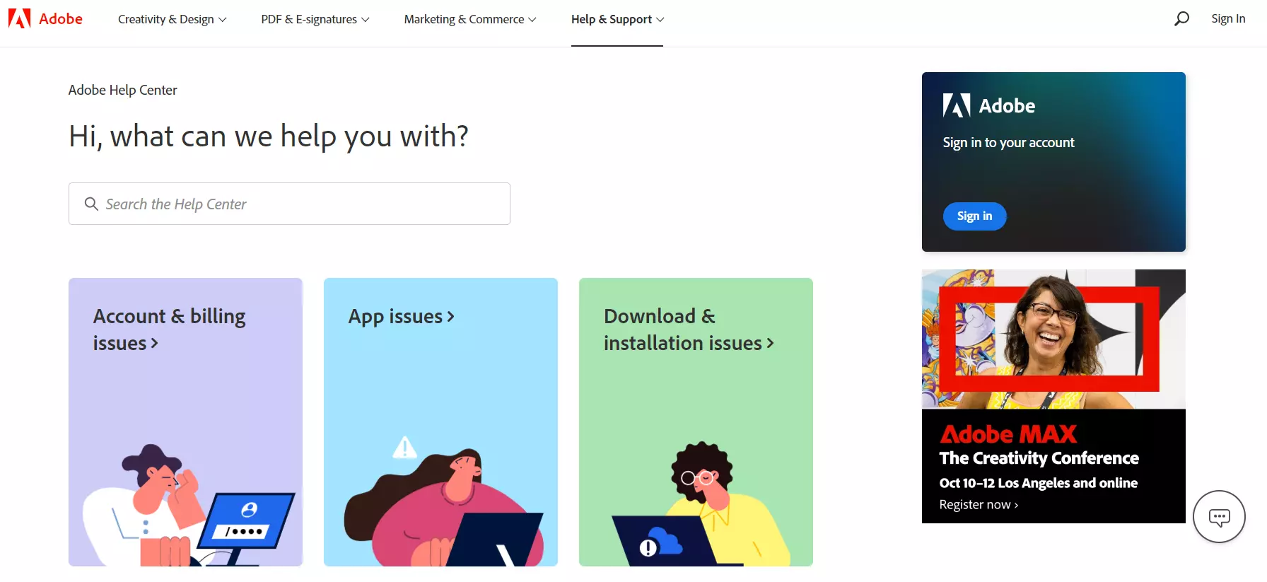 Strona docelowa bazy wiedzy Adobe, pokazująca ich system zarządzania wiedzą.