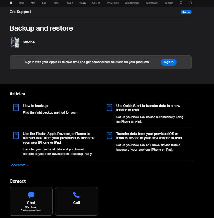 Strona wsparcia Apple wyświetlająca ich opcje wsparcia