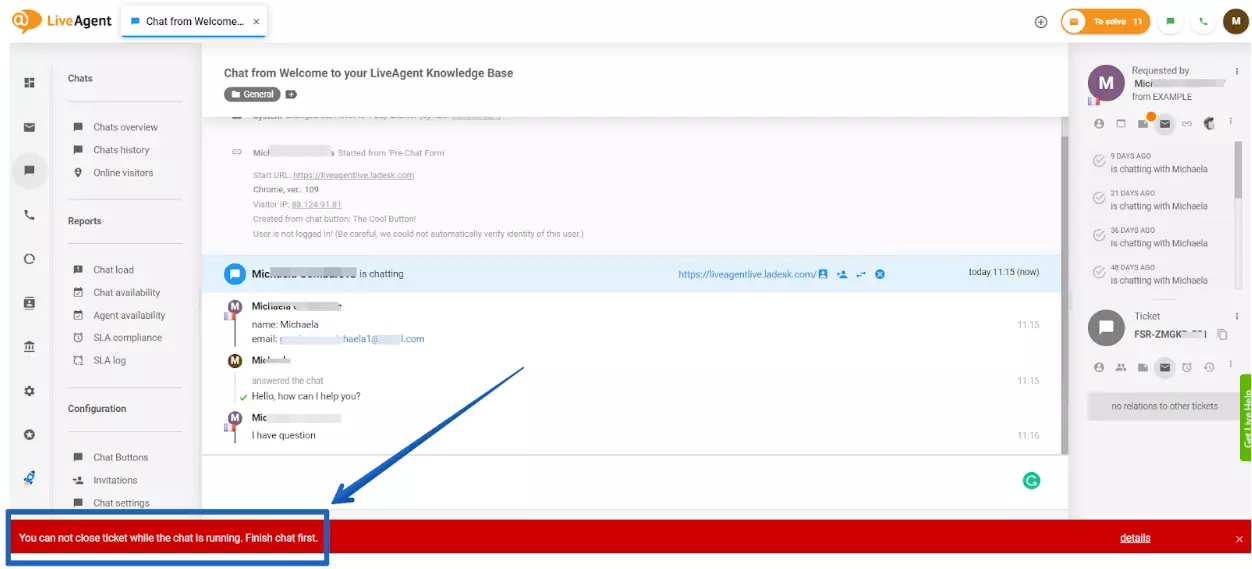 LiveAgent - ostrzeżenie o nierozwiązanym czacie