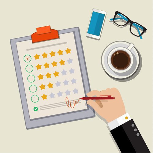 Ilustracja opinii klienta - Ręka zaznaczająca doskonałą ocenę w ankiecie