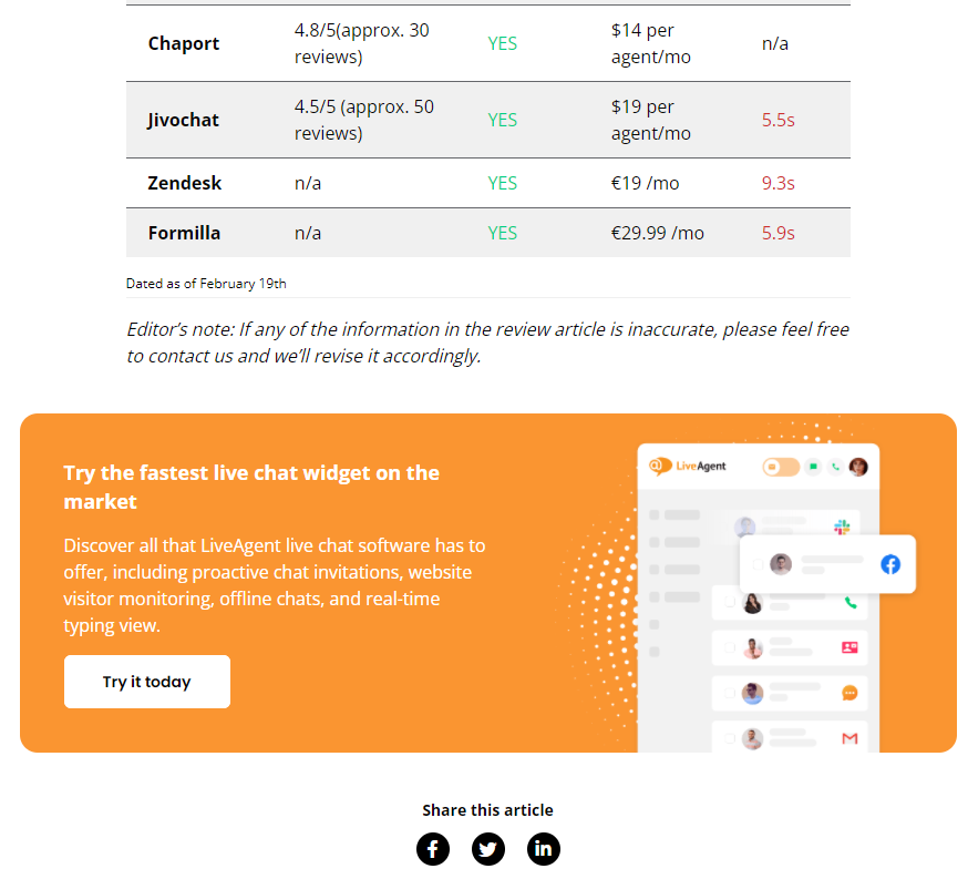 Przycisk CTA LiveAgent na końcu treści
