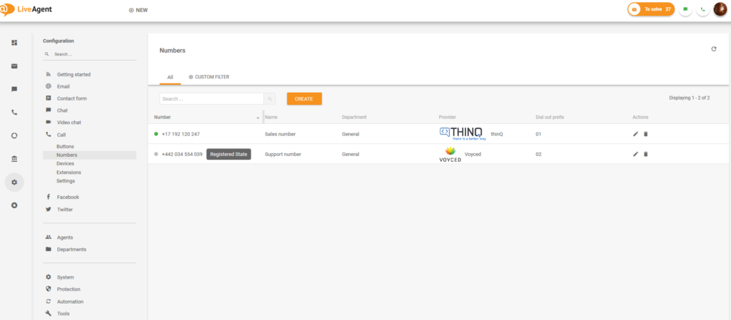 Konfiguracja numerów LiveAgent