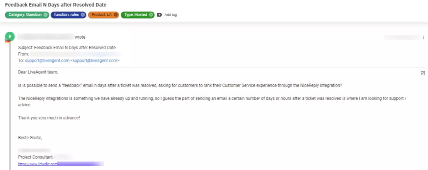 Zrzut ekranu biletu pokazującego problem klienta, który jest uważany za niski priorytet.