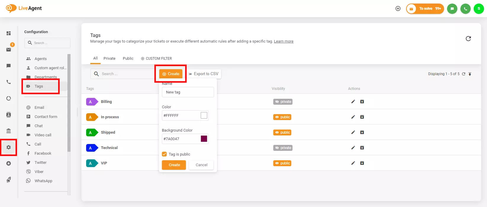 Obraz pokazuje, gdzie znaleźć i utworzyć tagi w LiveAgent