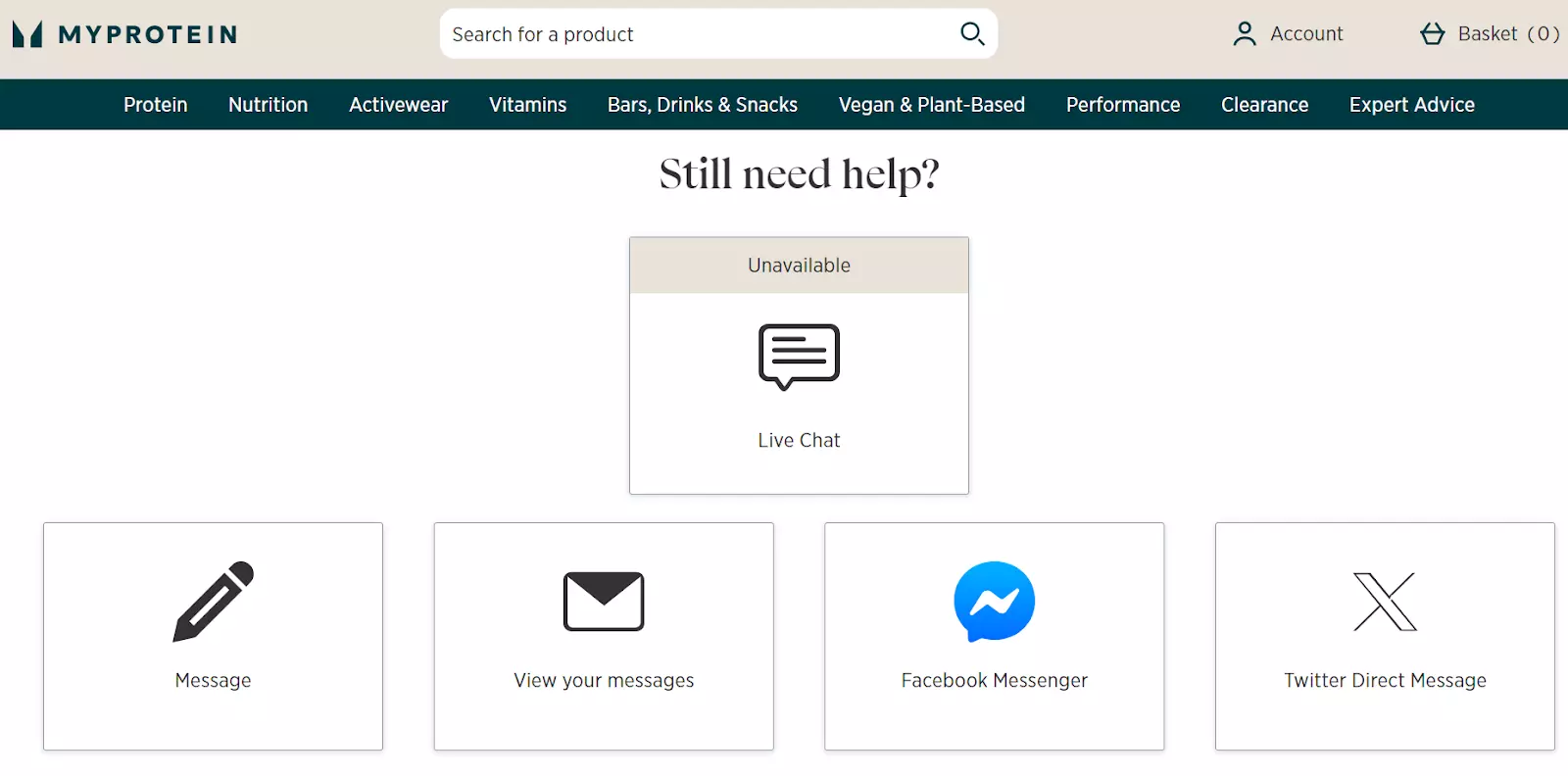 Strona wsparcia MyProtein z kanałami komunikacji