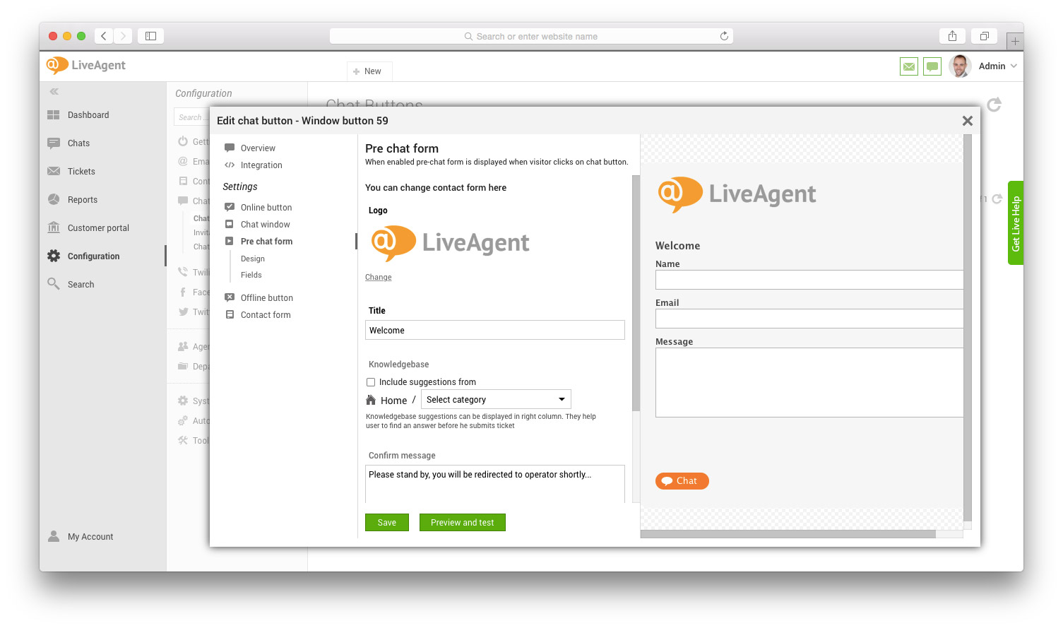 Okno formularza przed czatem z polami i podglądem