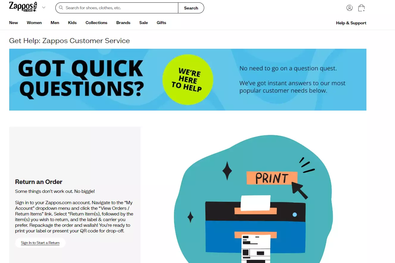 Strona wsparcia Zappos wyświetlająca ich opcje wsparcia