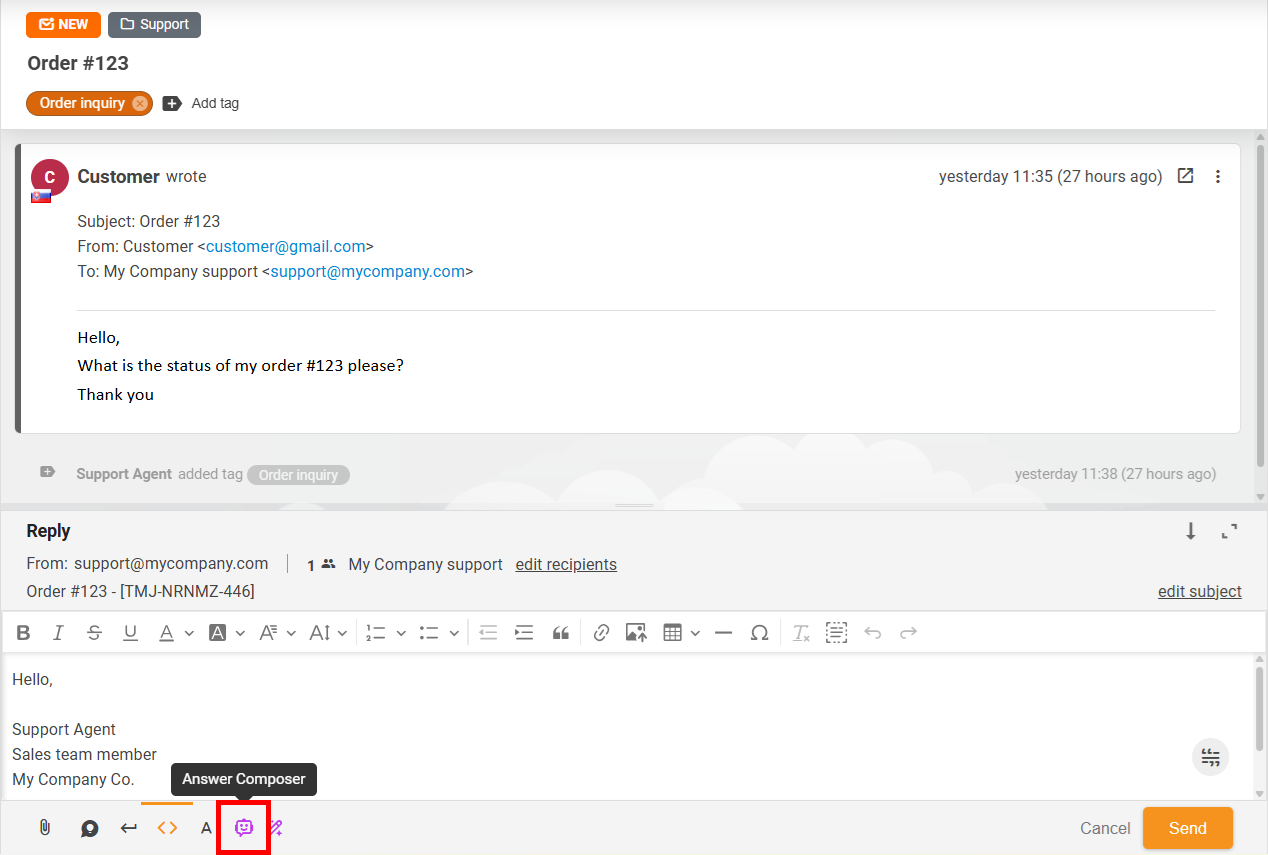 AI szkicuje odpowiedź na zgłoszenie w LiveAgent
