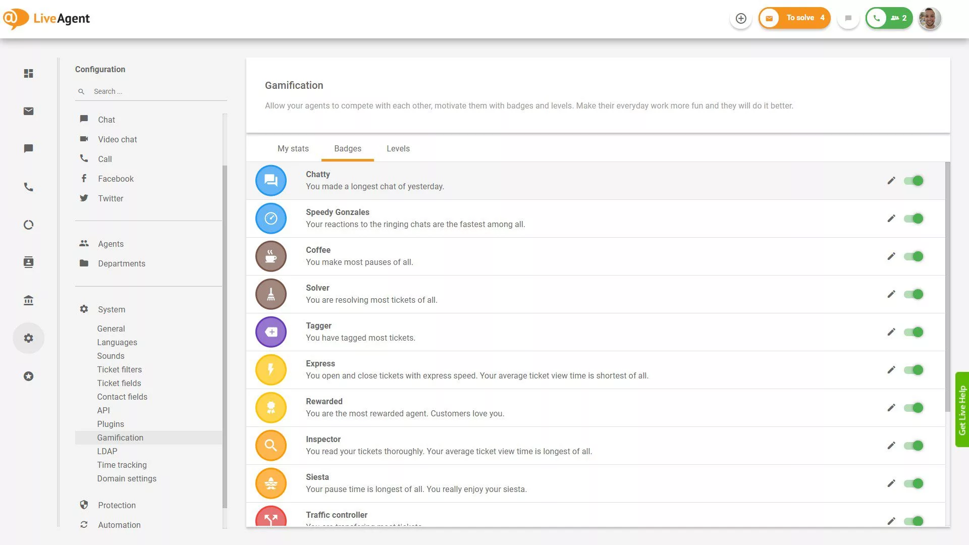 Lista dostępnych odznak w LiveAgent