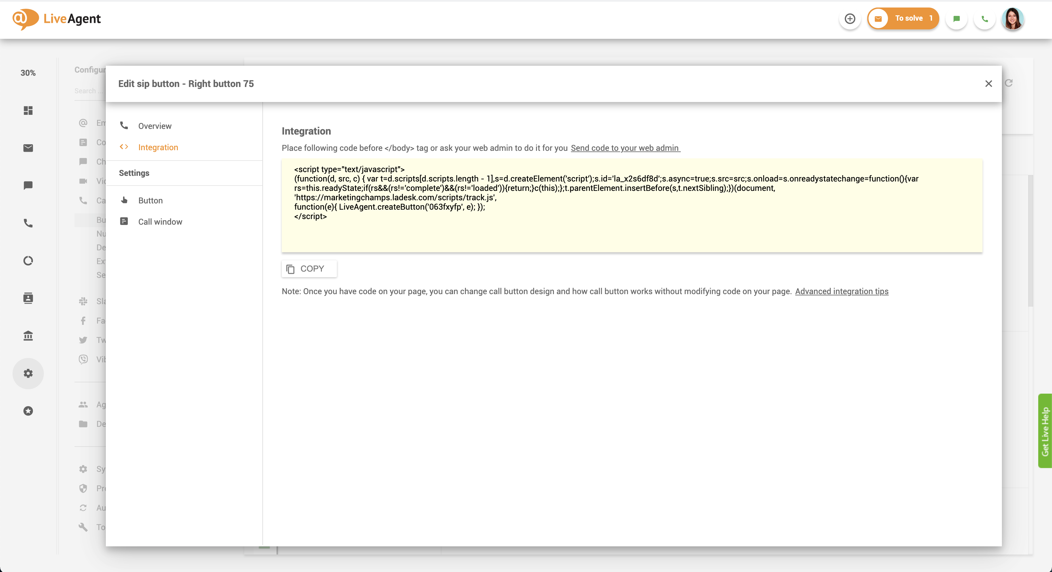 Kod integracji przycisku połączenia