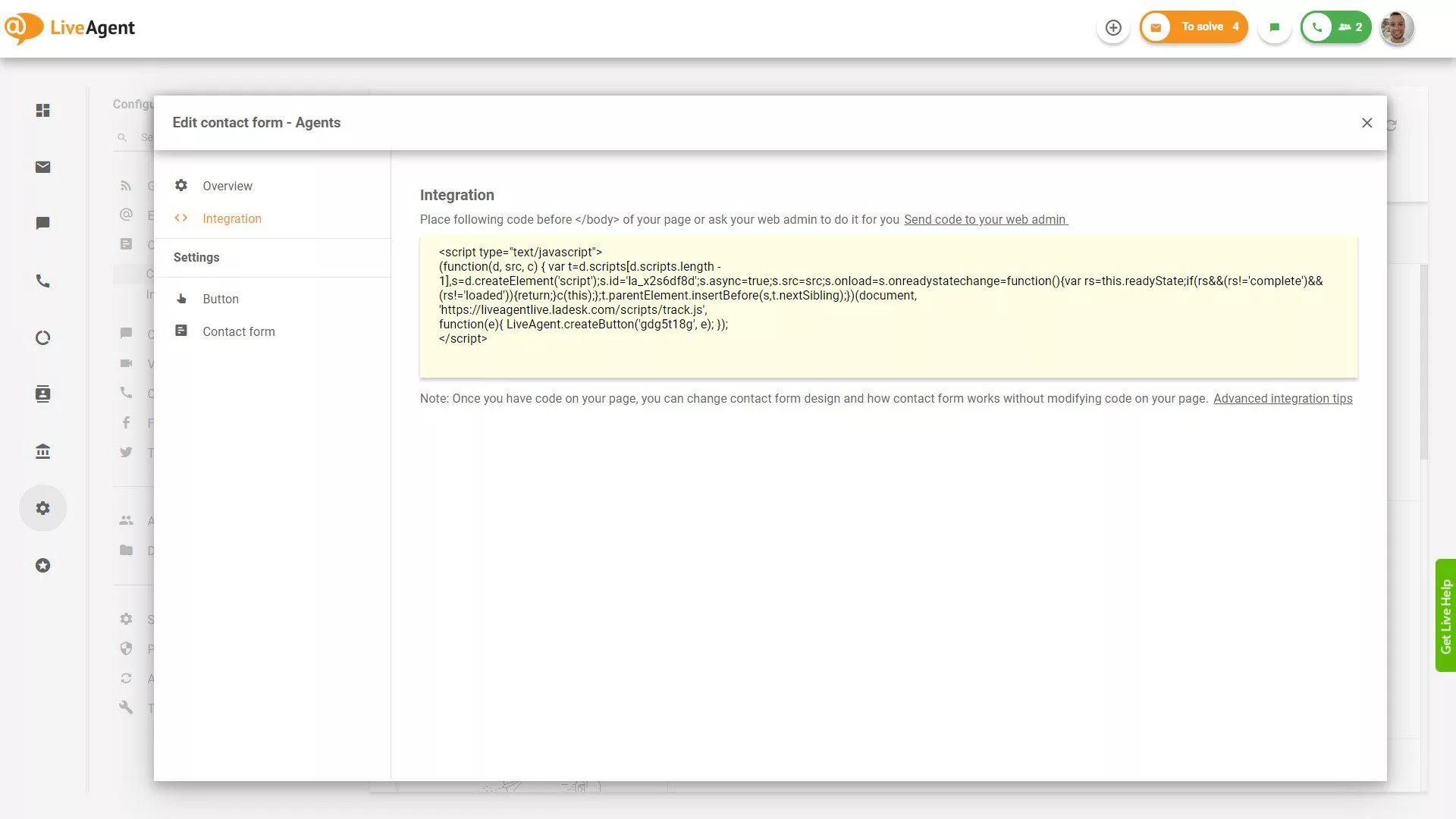 Kod Integracji Formularza Kontaktowego LiveAgent