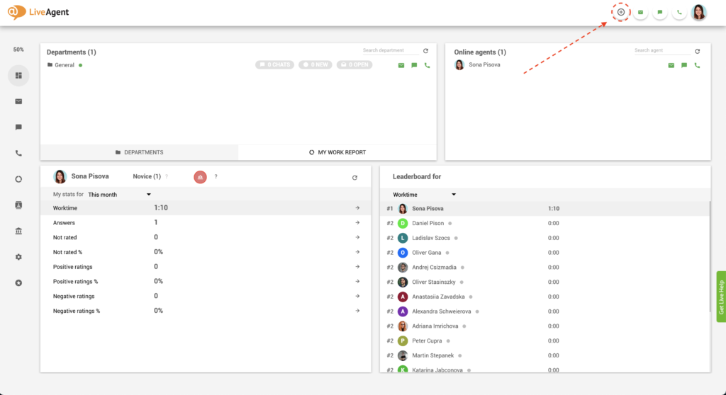 Kliknij przycisk plus w LiveAgent