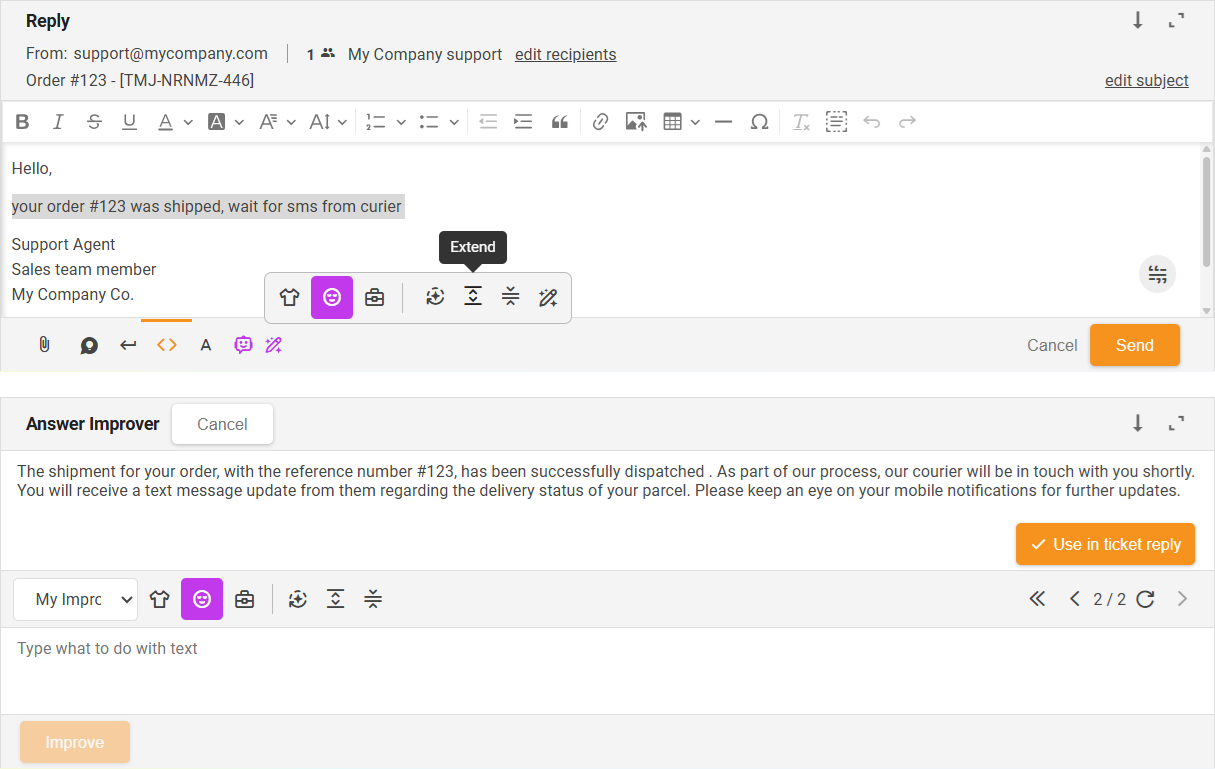 Funkcja Rozszerz Ulepszacza odpowiedzi AI — przegląd interfejsu