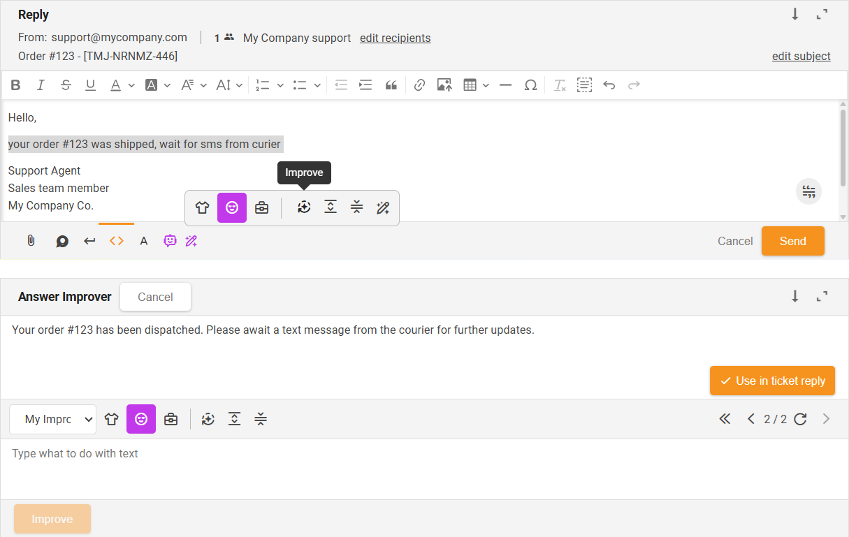 Funkcja Ulepsz Ulepszacza odpowiedzi AI — przegląd interfejsu