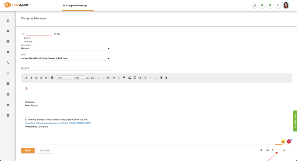 Przycisk edytora HTML w LiveAgent