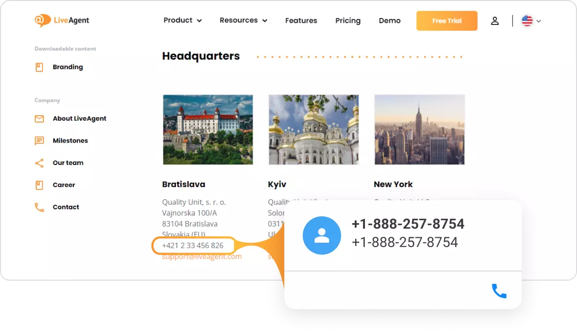 Karta kontaktowa LiveAgent Click to call