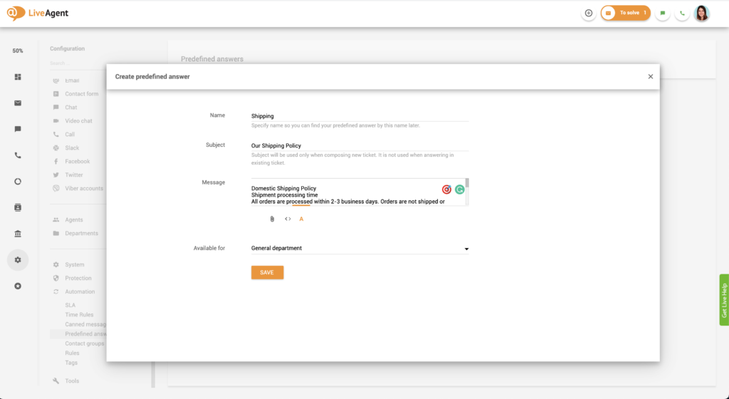 Konfiguracja predefiniowanych odpowiedzi w LiveAgent