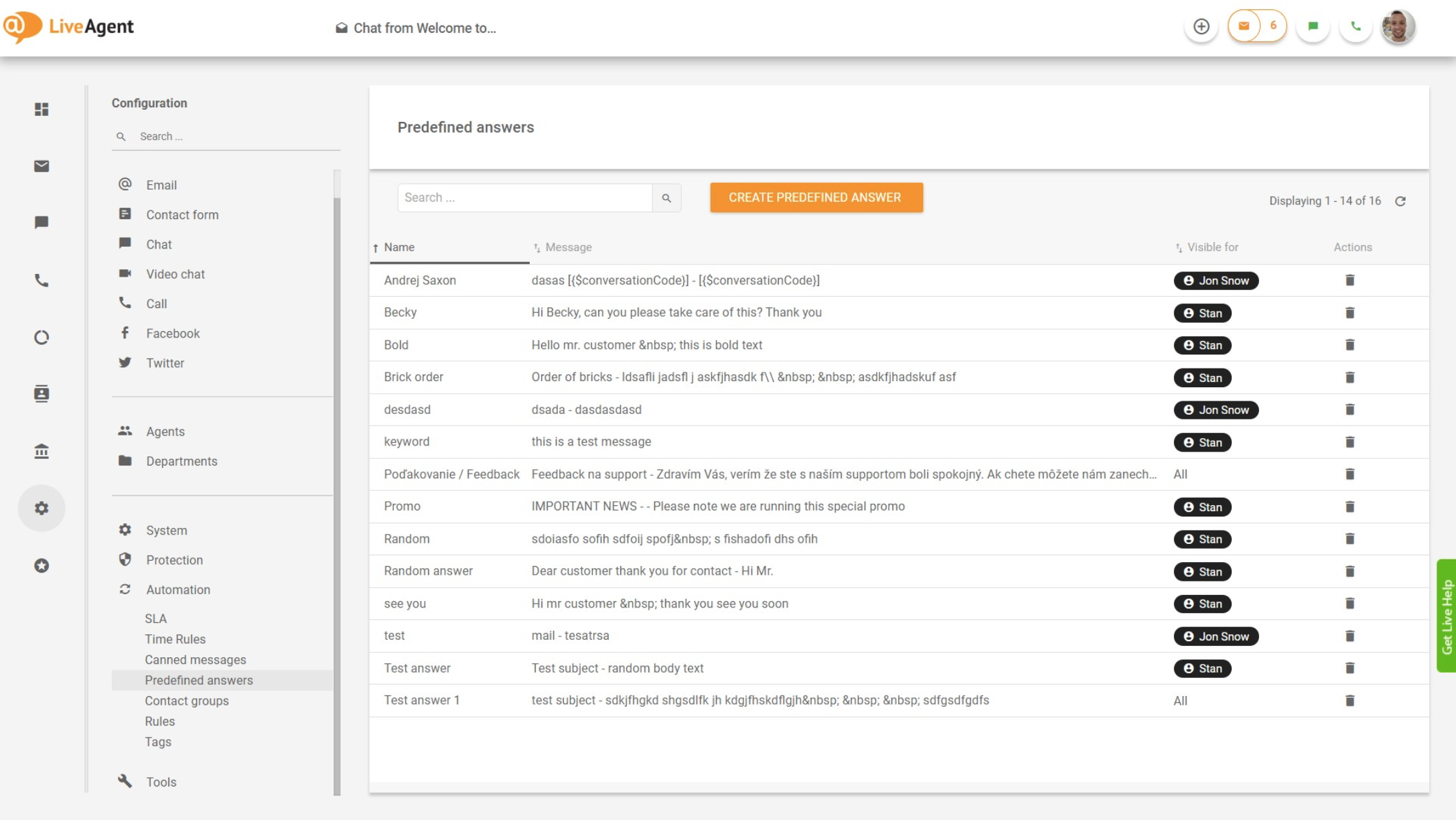 LiveAgent – Przegląd predefiniowanych odpowiedzi