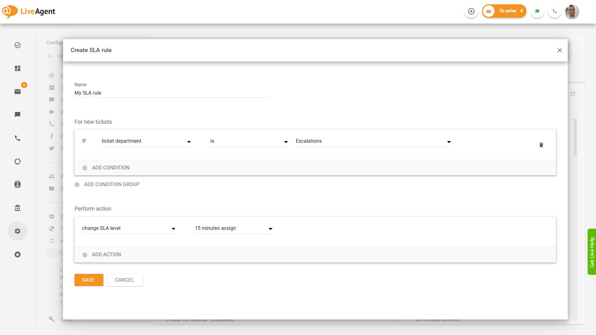 Tworzenie reguły SLA w LiveAgent