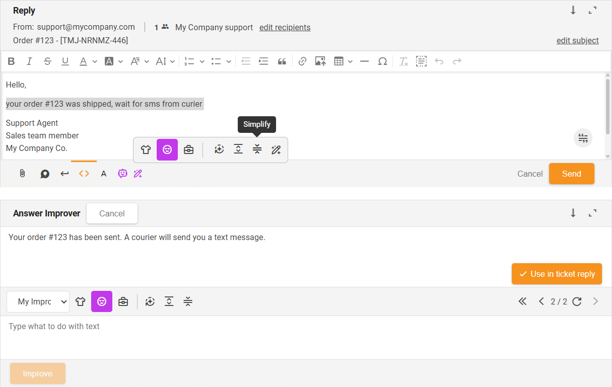 Funkcja Uprość Ulepszacza odpowiedzi AI — przegląd interfejsu