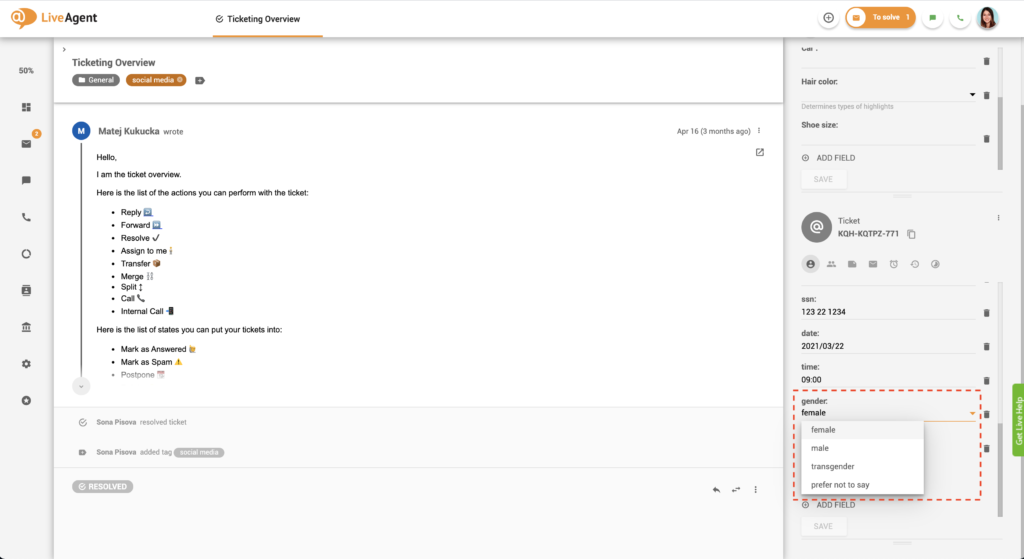 Przykład listy rozwijanej pól biletów