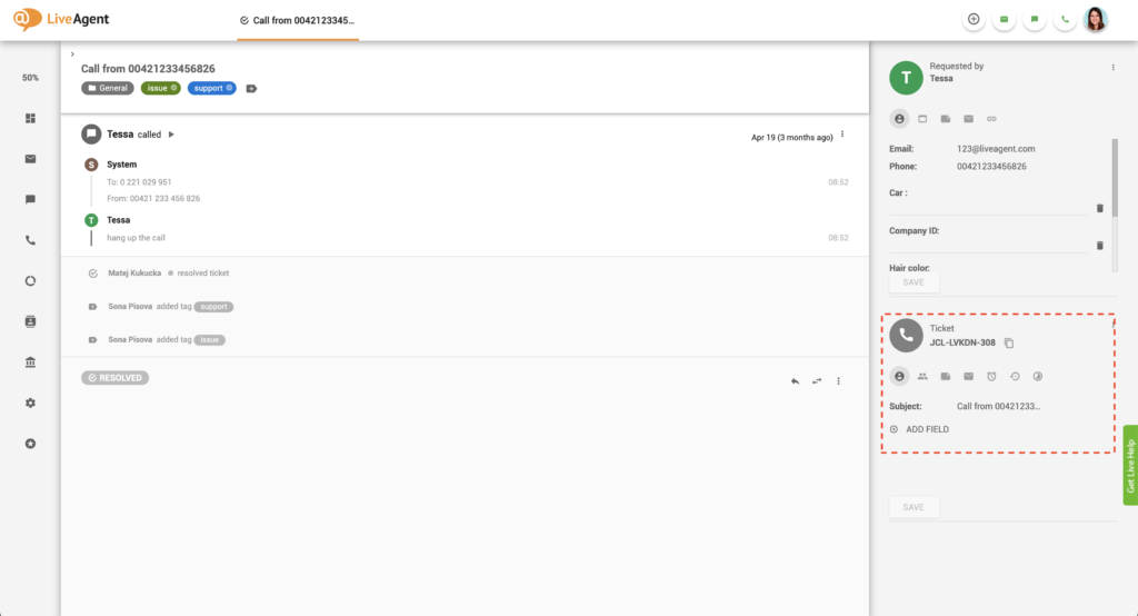 Ticket info panel in LiveAgent