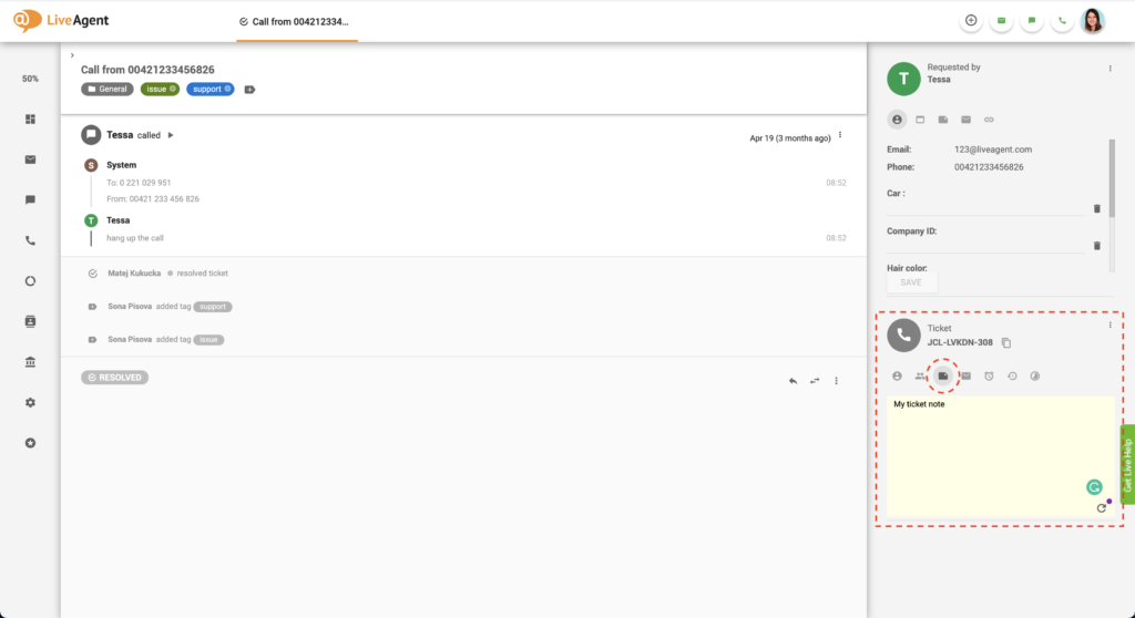 Ticket field help desk note