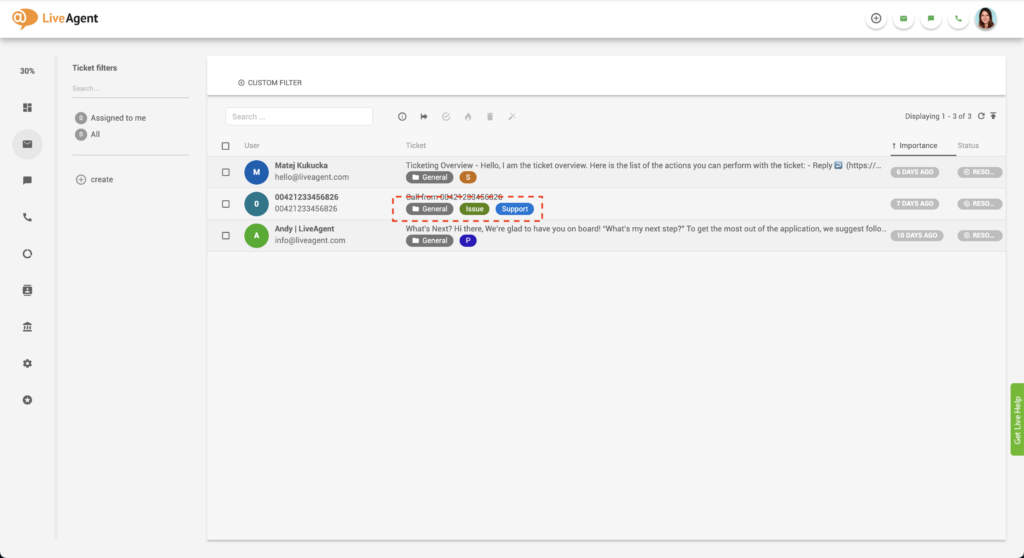 Universal inbox ticketing tags